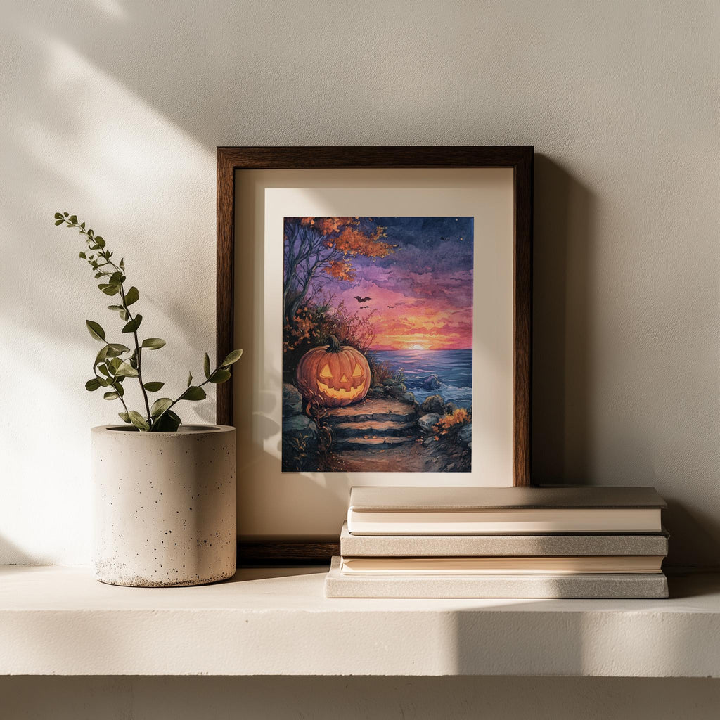 Sunset Shore Pumpkin Halloween art print shown in a room setting
