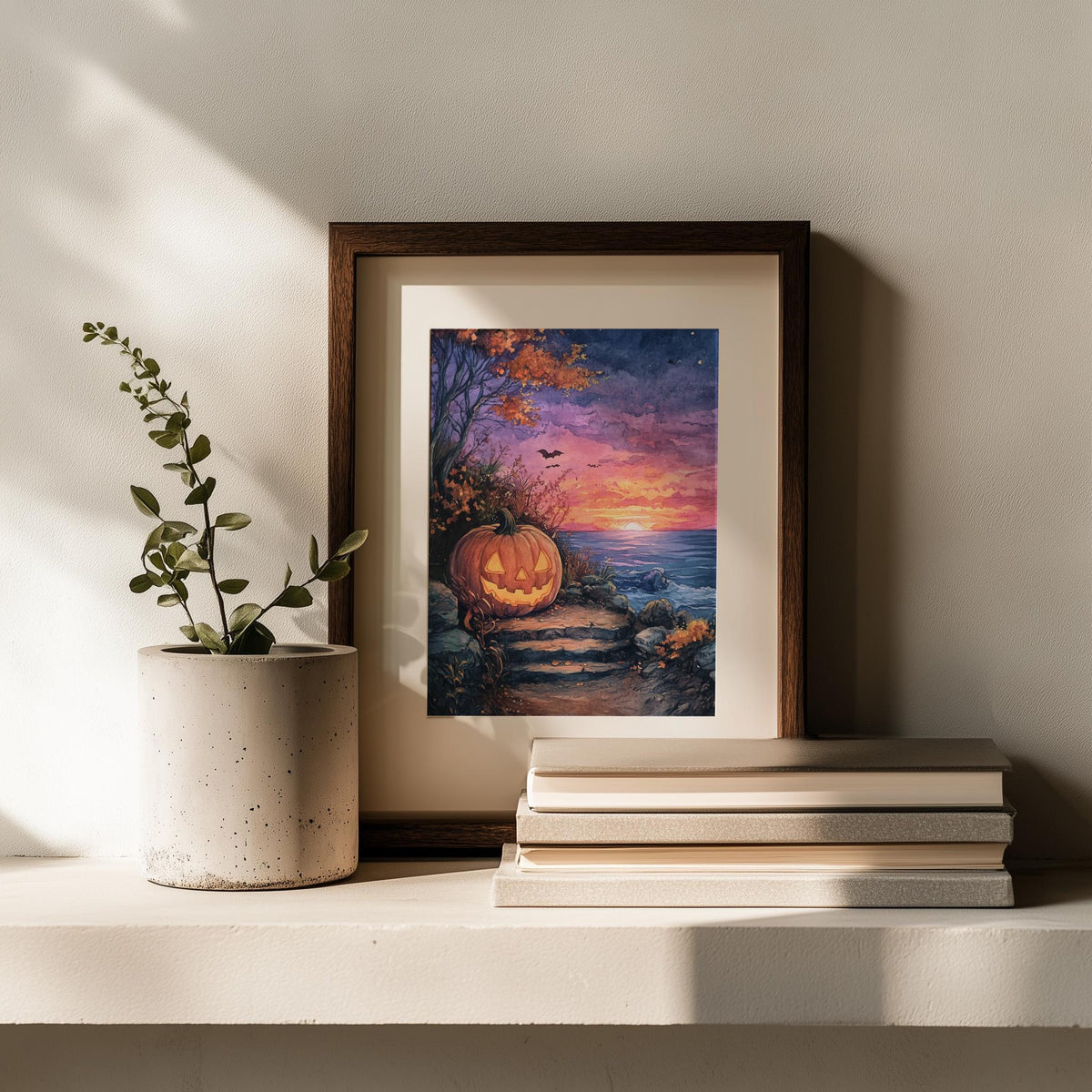 Sunset Shore Pumpkin Halloween art print shown in a room setting