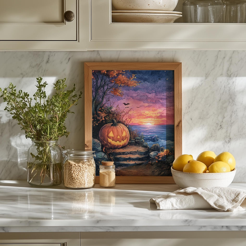 Sunset Shore Pumpkin Halloween art print shown in a room setting
