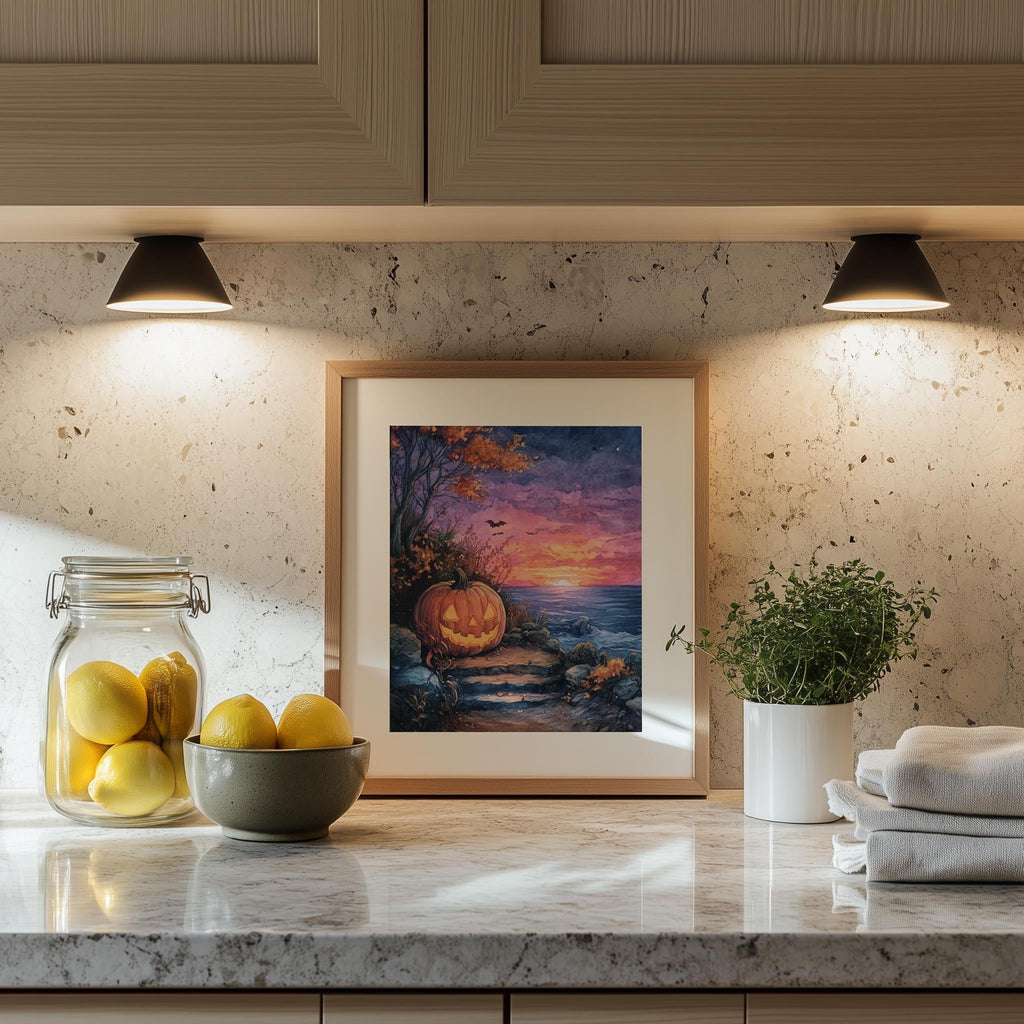 Sunset Shore Pumpkin Halloween art print shown in a room setting