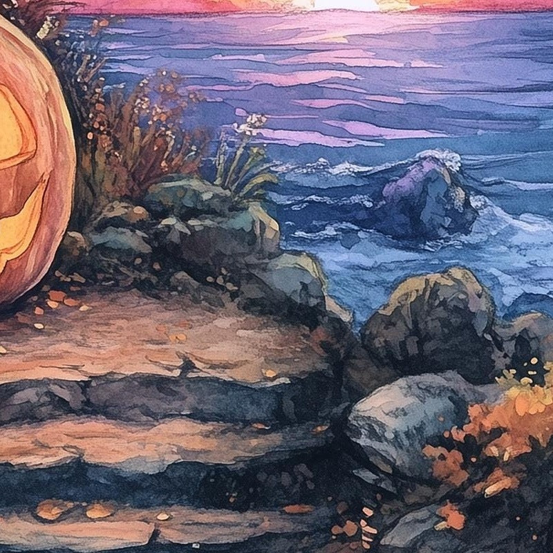 Sunset Shore Pumpkin Halloween art print close-up detail