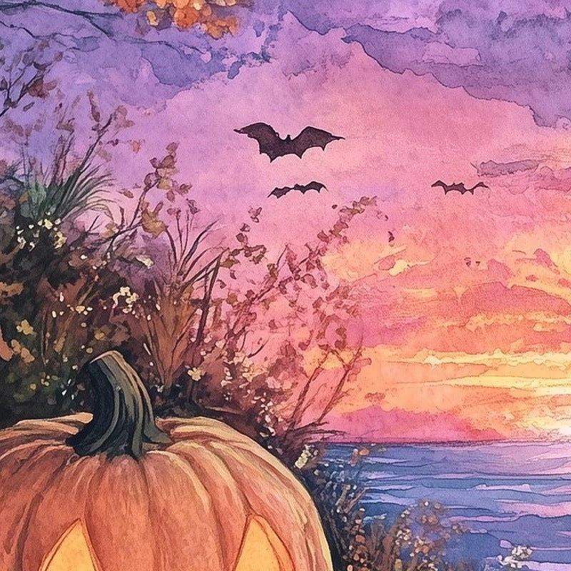 Sunset Shore Pumpkin Halloween art print close-up detail