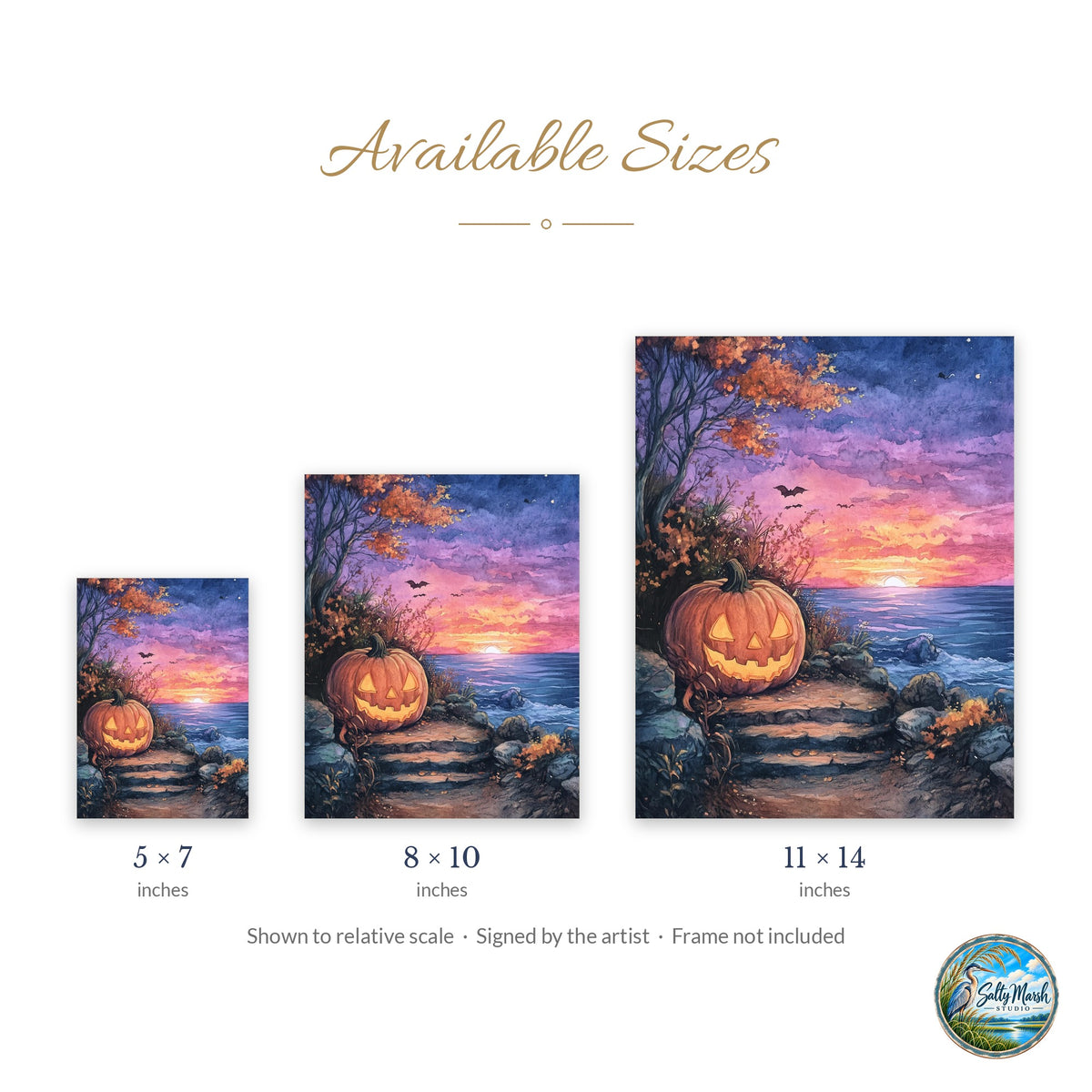 Sunset Shore Pumpkin art print size guide: 5x7, 8x10 and 11x14