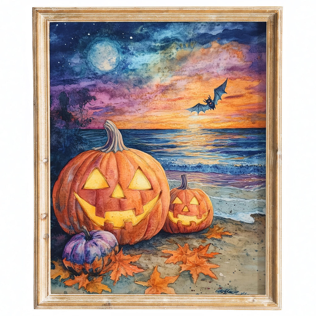 Beach Party Pumpkins Halloween art print framed