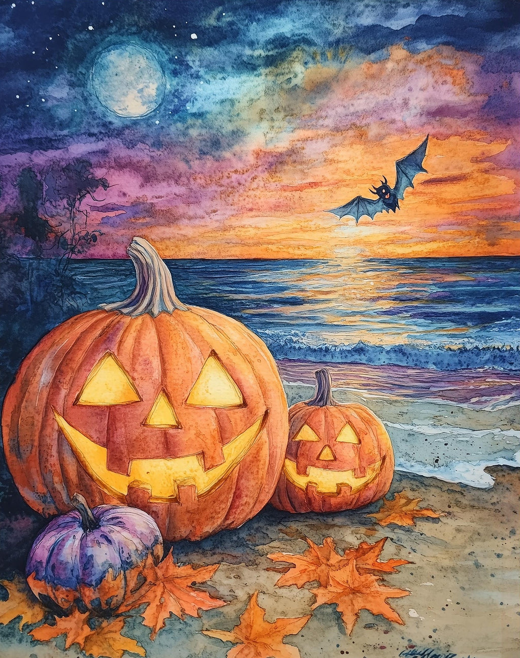 Beach Party Pumpkins Halloween art print unframed, signed by Pattie Overcash
