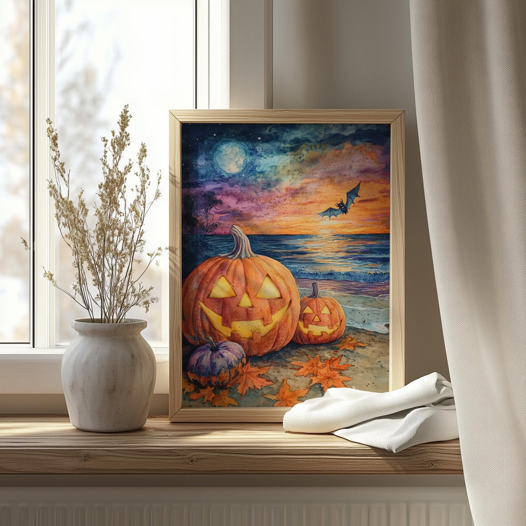 Beach Party Pumpkins Halloween art print shown in a room setting