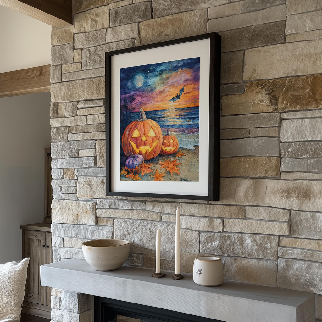 Beach Party Pumpkins Halloween art print shown in a room setting