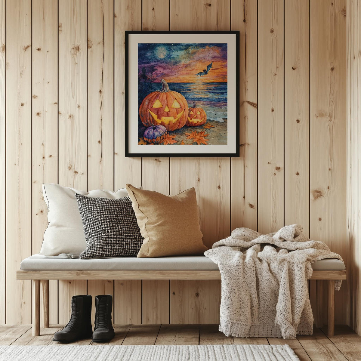 Beach Party Pumpkins Halloween art print shown in a room setting
