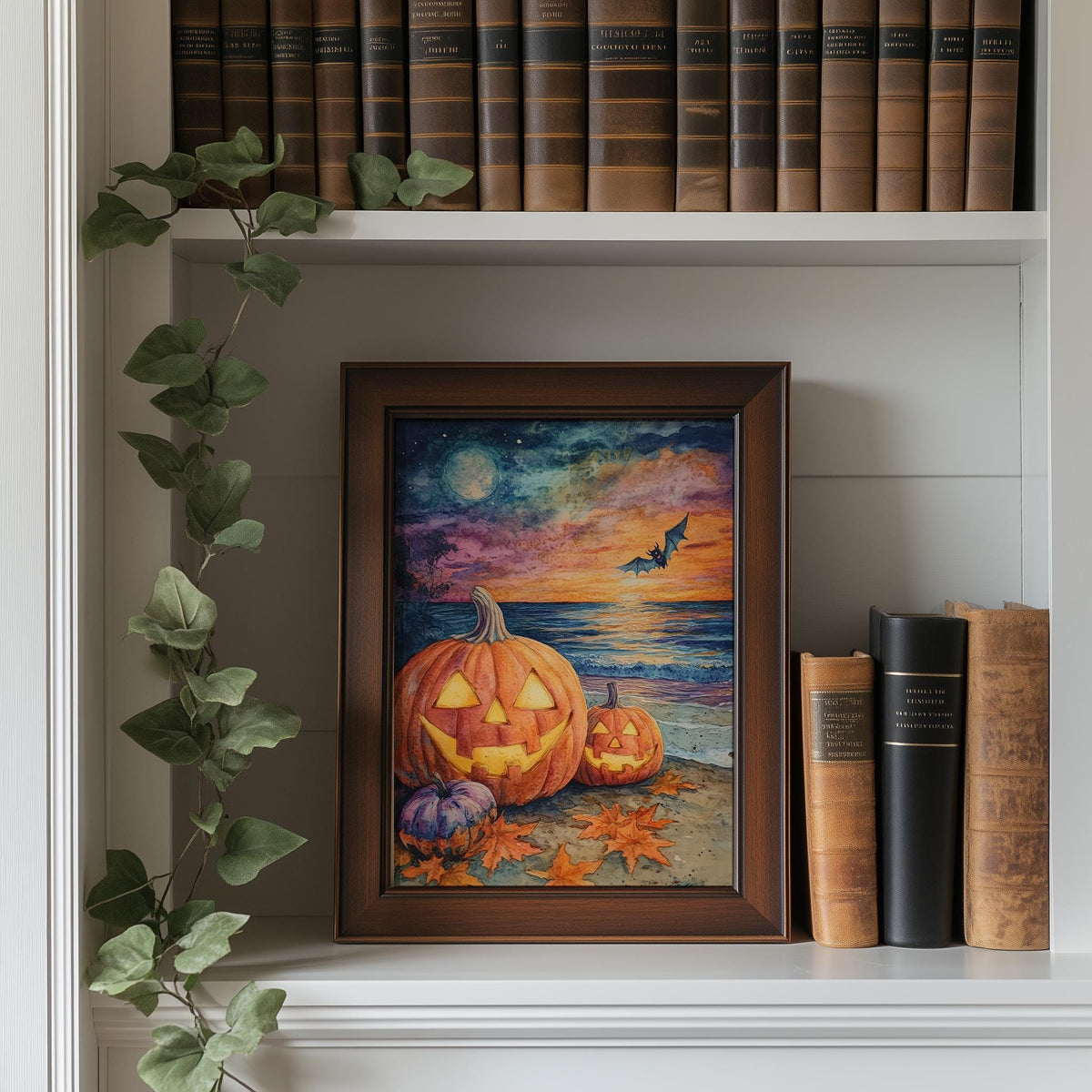 Beach Party Pumpkins Halloween art print shown in a room setting