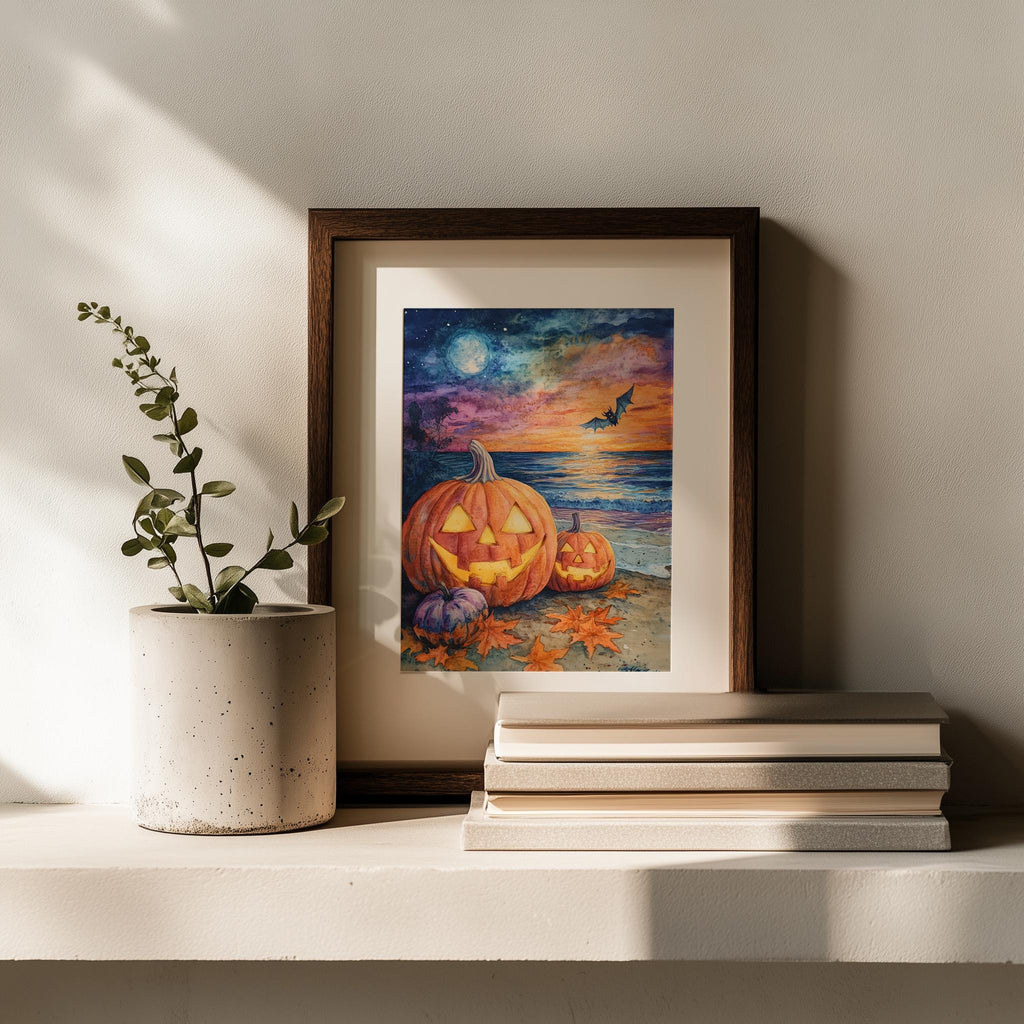 Beach Party Pumpkins Halloween art print shown in a room setting