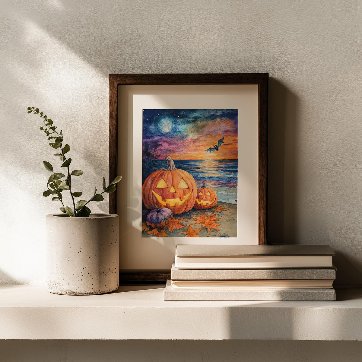 Beach Party Pumpkins Halloween art print shown in a room setting