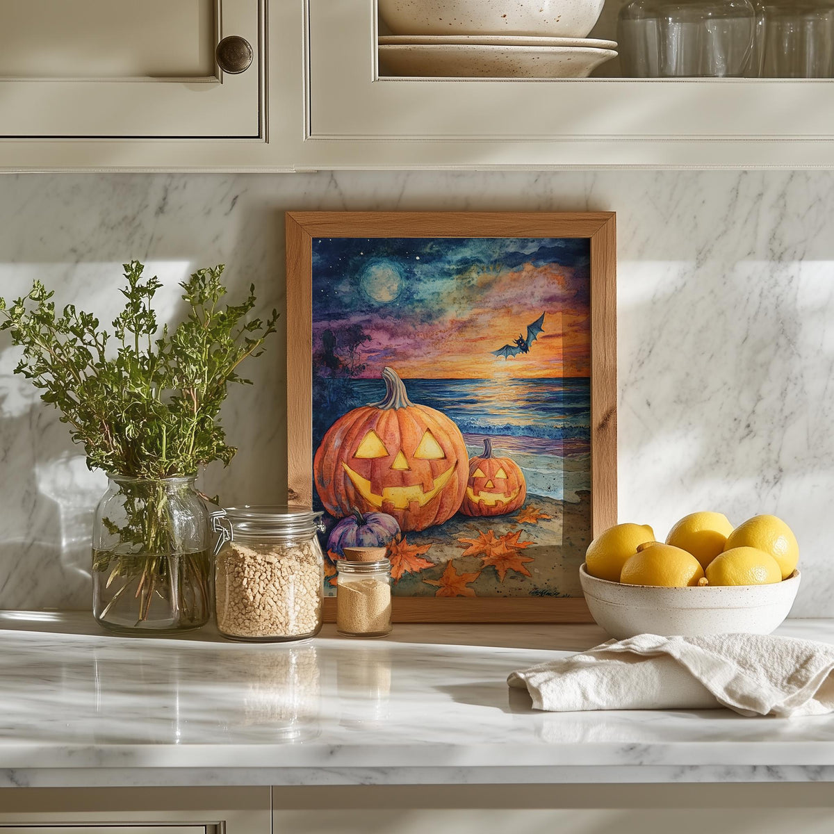 Beach Party Pumpkins Halloween art print shown in a room setting