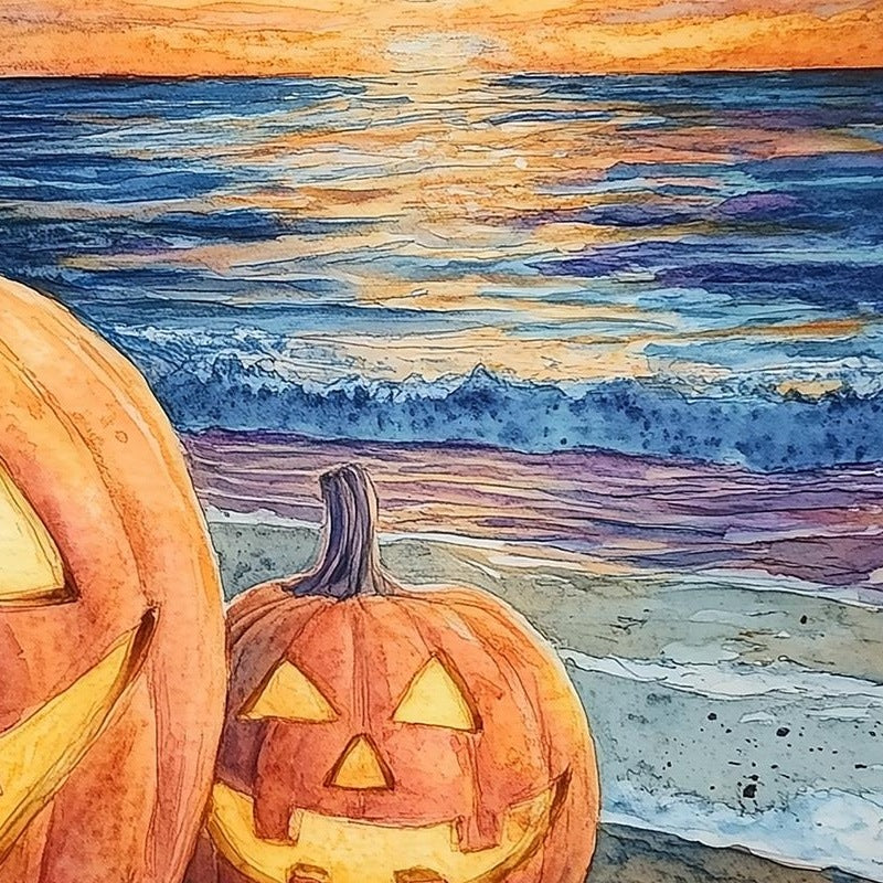 Beach Party Pumpkins Halloween art print close-up detail