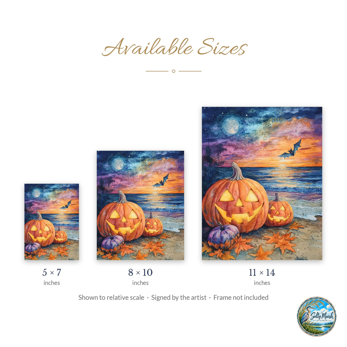 Beach Party Pumpkins art print size guide: 5x7, 8x10 and 11x14