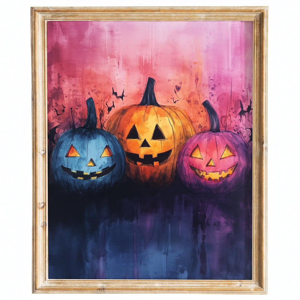 Pumpkin Faces Halloween art print framed