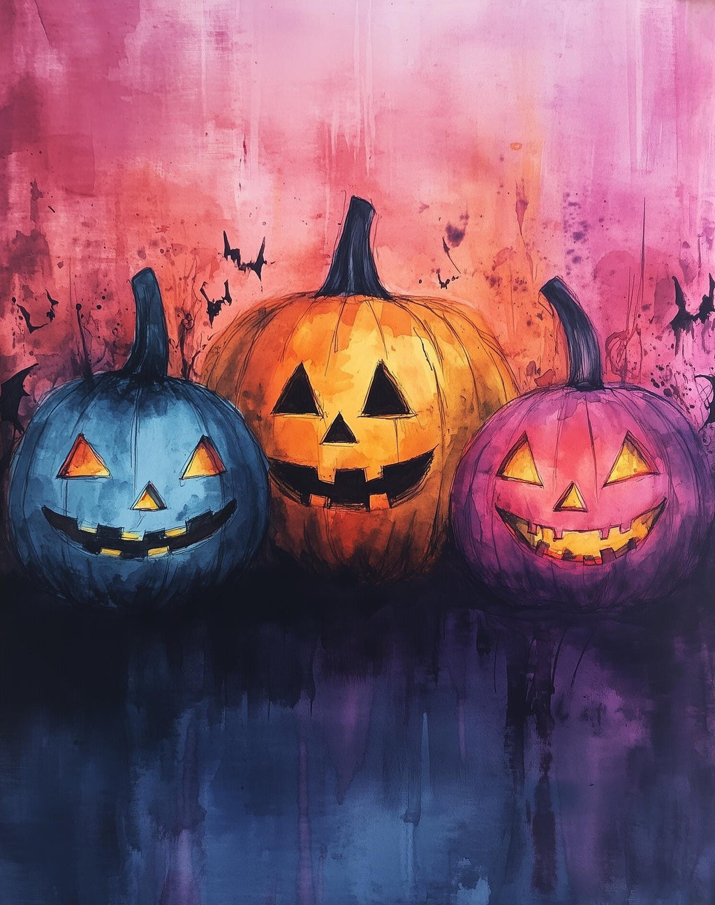 Pumpkin Faces Halloween art print unframed, signed by Pattie Overcash