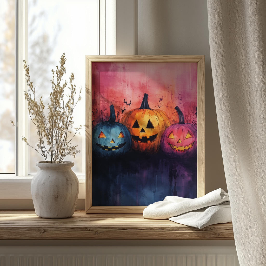 Pumpkin Faces Halloween art print shown in a room setting