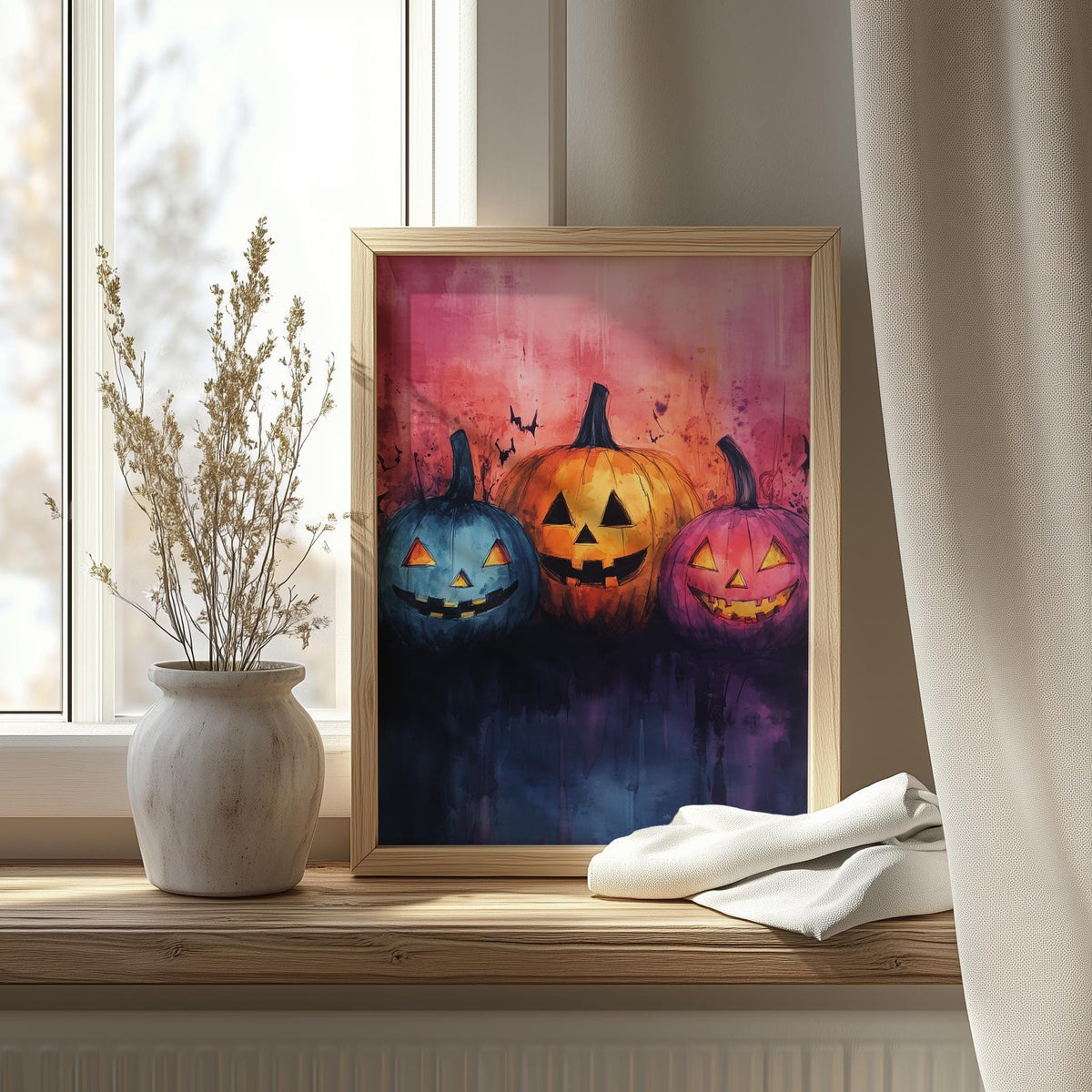 Pumpkin Faces Halloween art print shown in a room setting