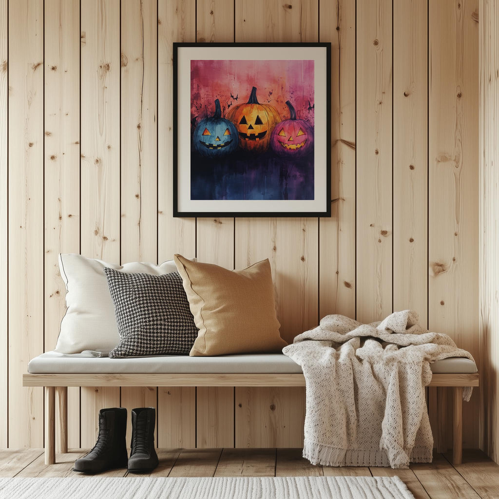 Pumpkin Faces Halloween art print shown in a room setting
