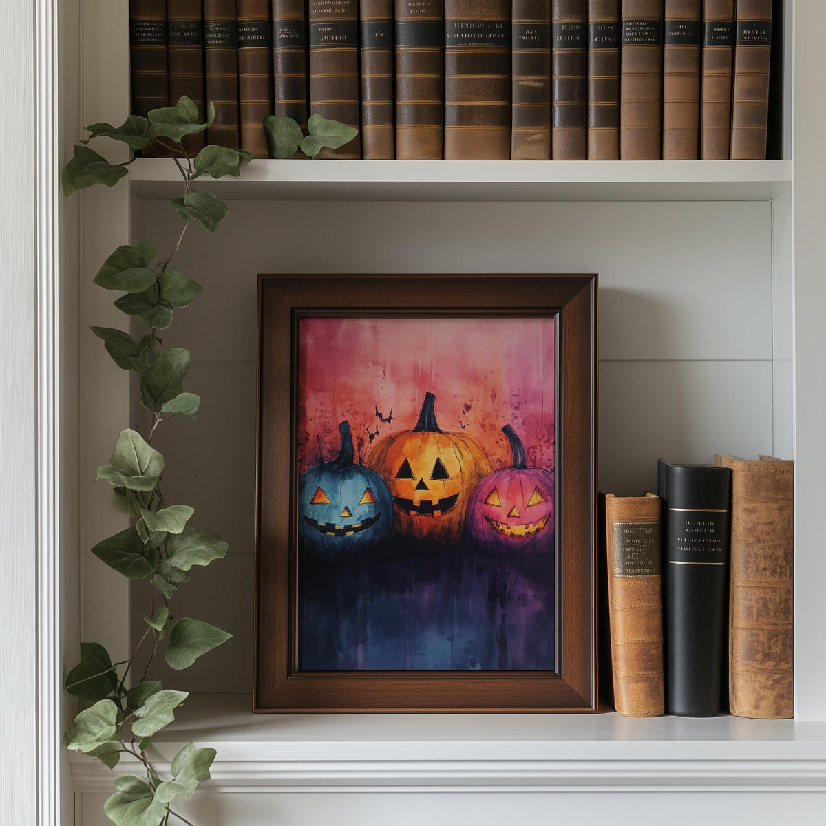 Pumpkin Faces Halloween art print shown in a room setting