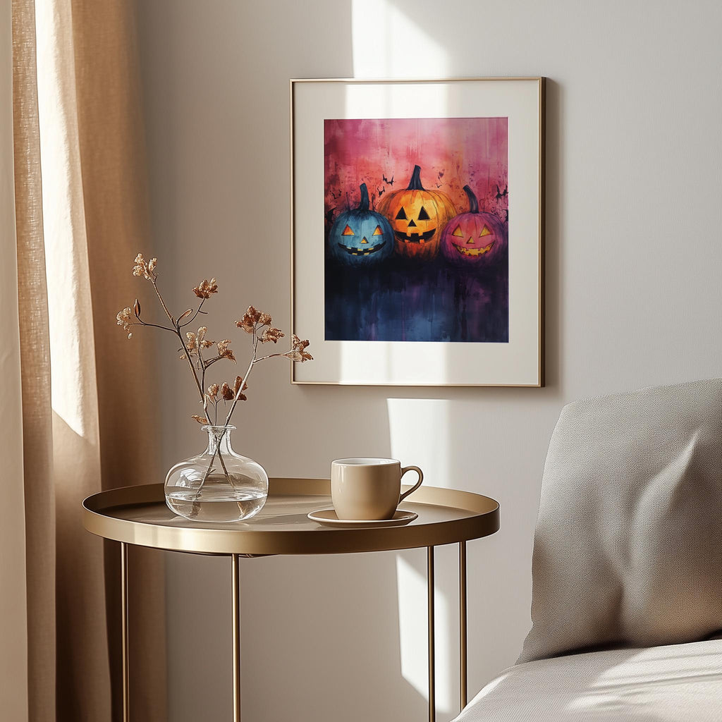 Pumpkin Faces Halloween art print shown in a room setting