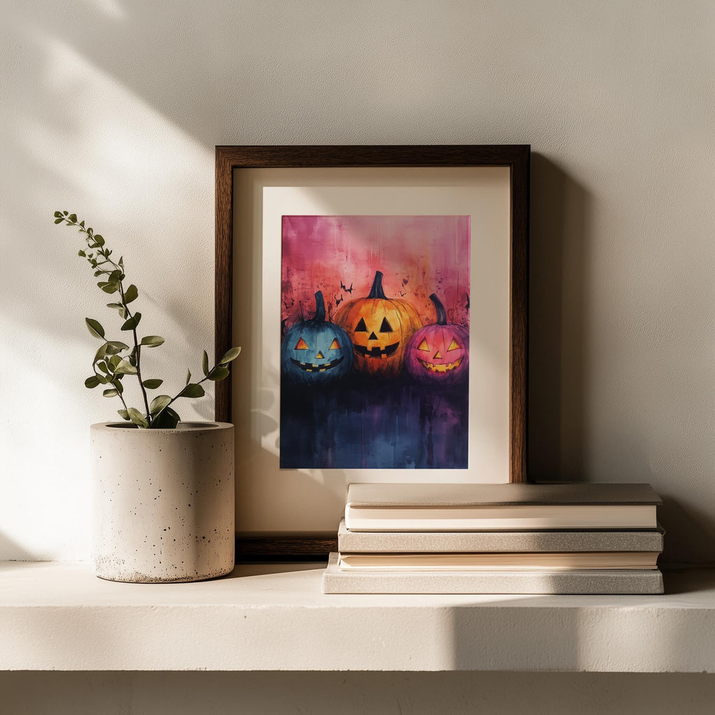 Pumpkin Faces Halloween art print shown in a room setting