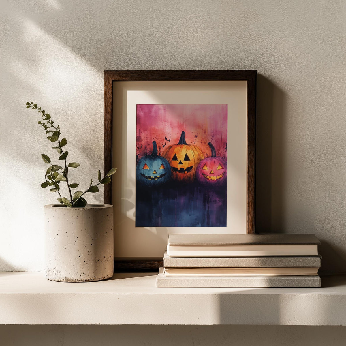 Pumpkin Faces Halloween art print shown in a room setting