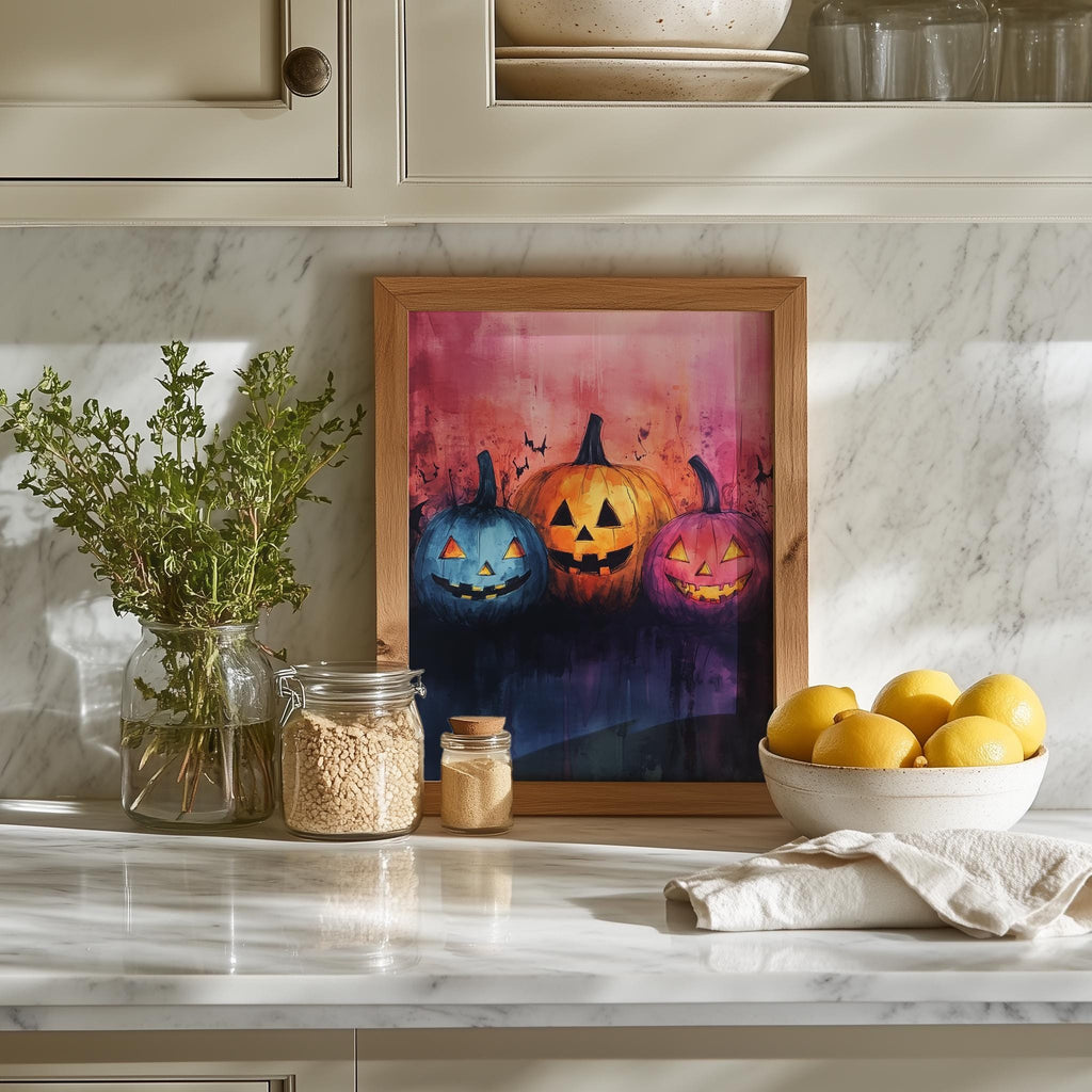 Pumpkin Faces Halloween art print shown in a room setting