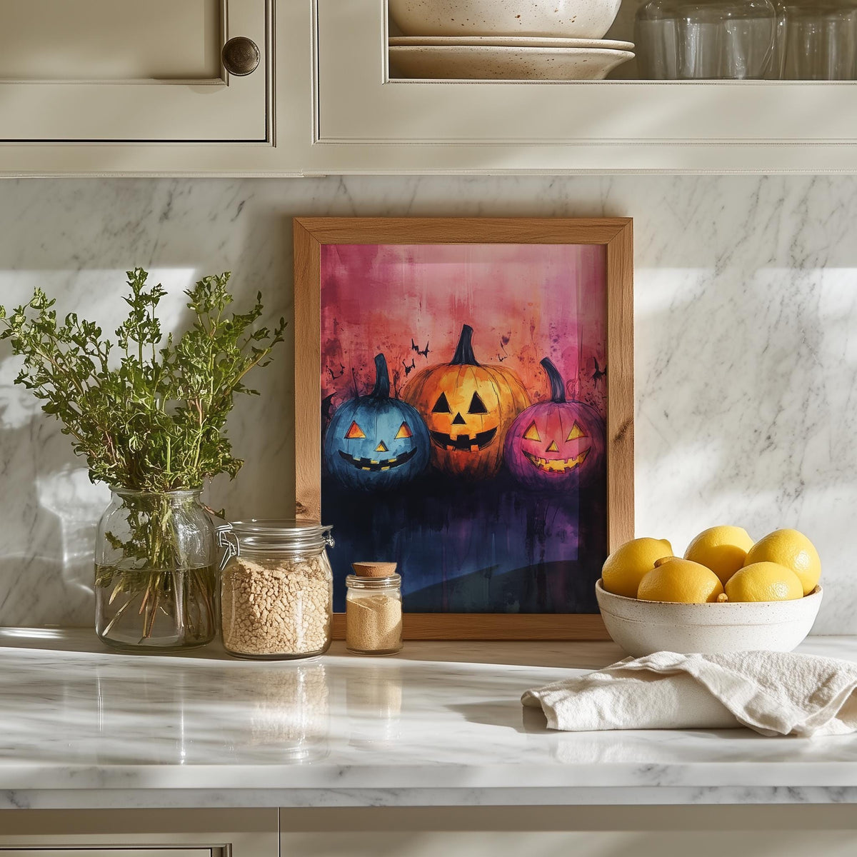 Pumpkin Faces Halloween art print shown in a room setting