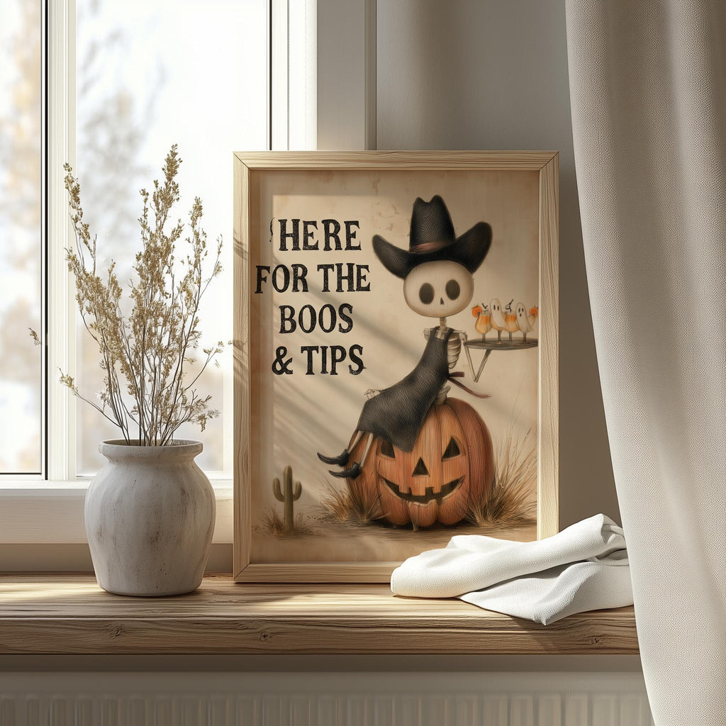 Boos and Tips Halloween art print shown in a room setting