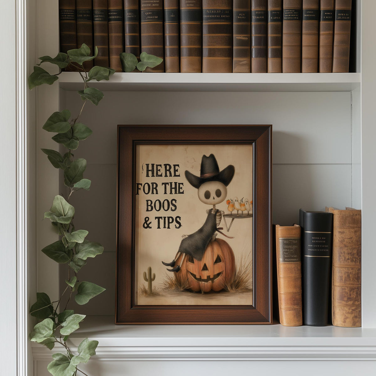 Boos and Tips Halloween art print shown in a room setting