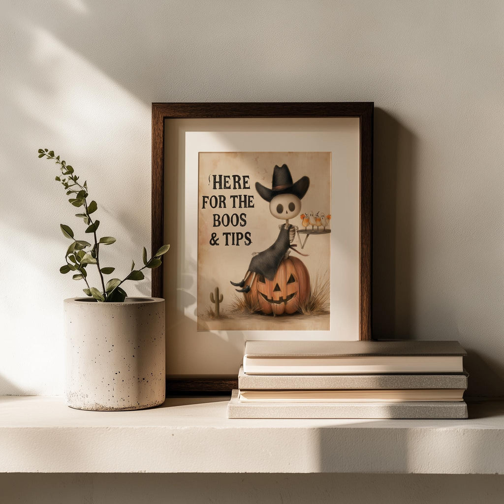 Boos and Tips Halloween art print shown in a room setting