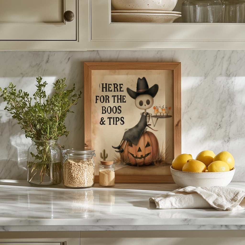 Boos and Tips Halloween art print shown in a room setting