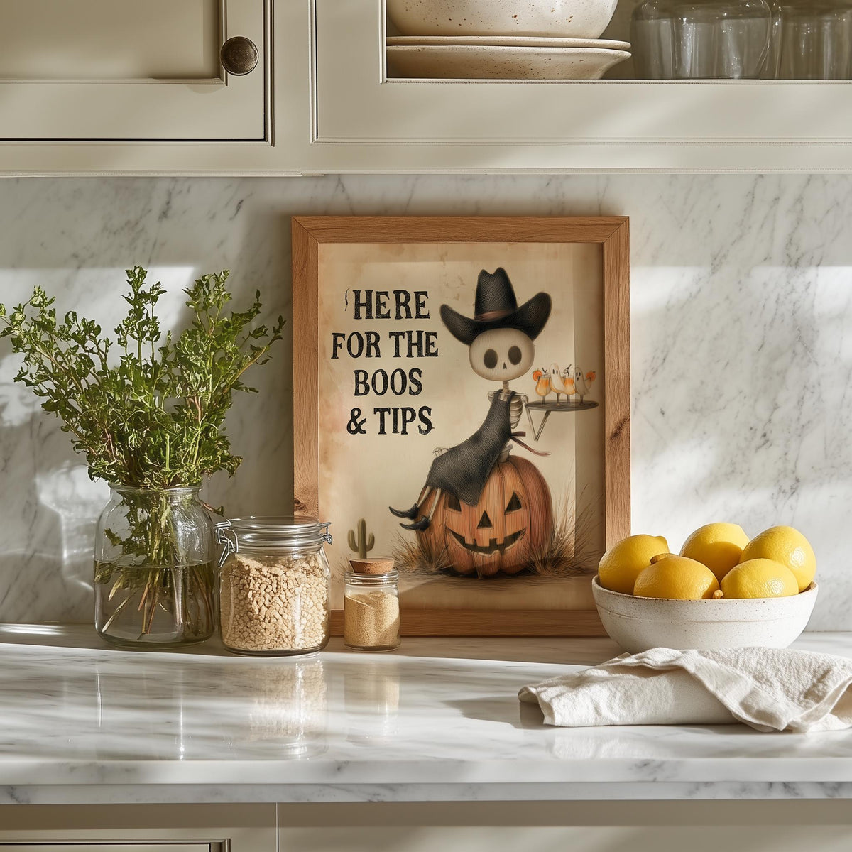 Boos and Tips Halloween art print shown in a room setting