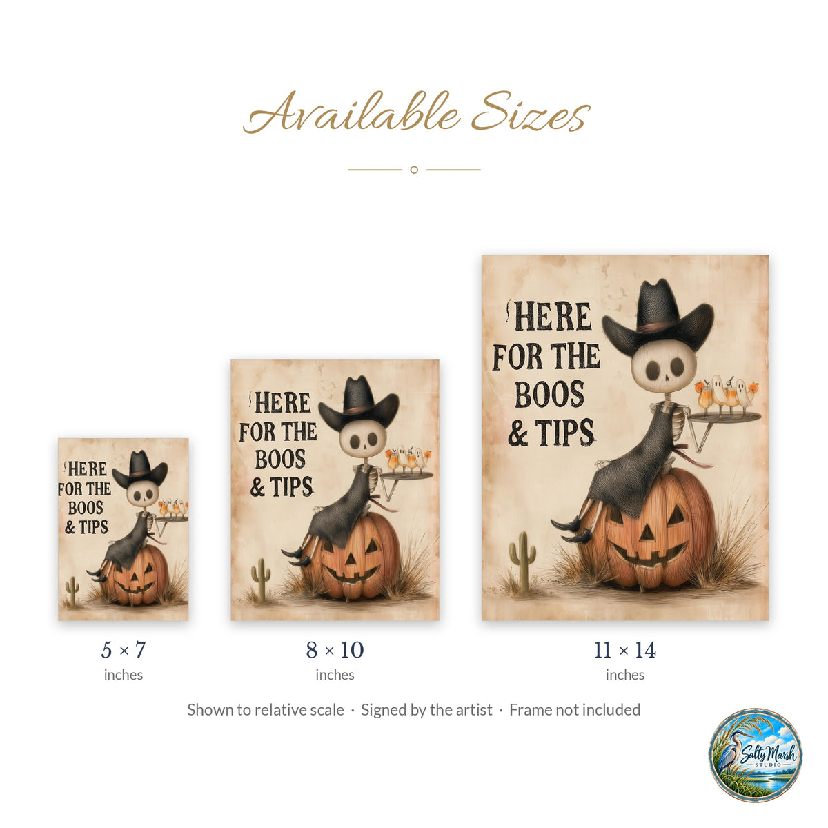 Boos and Tips art print size guide: 5x7, 8x10 and 11x14