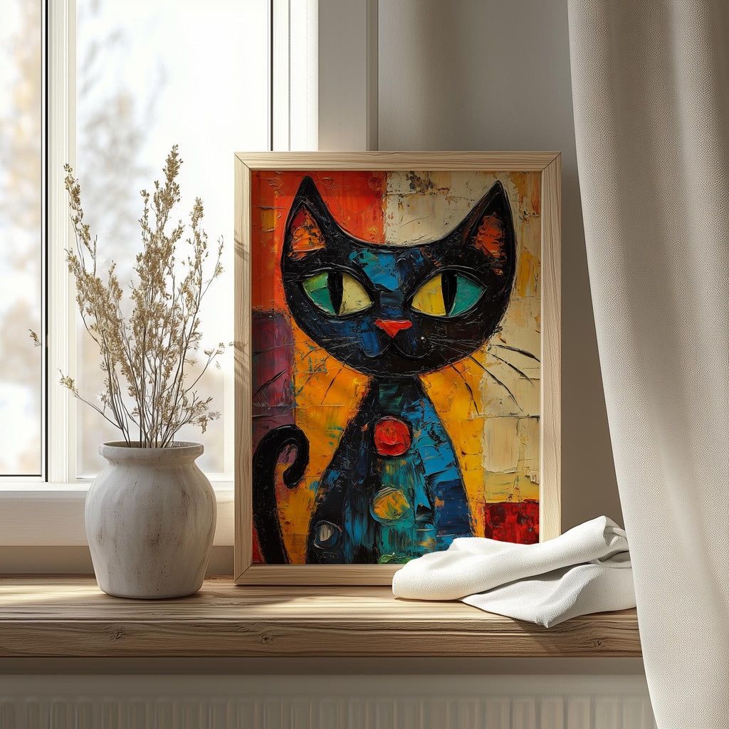 Green Eyed Cat animal art print shown in a room setting