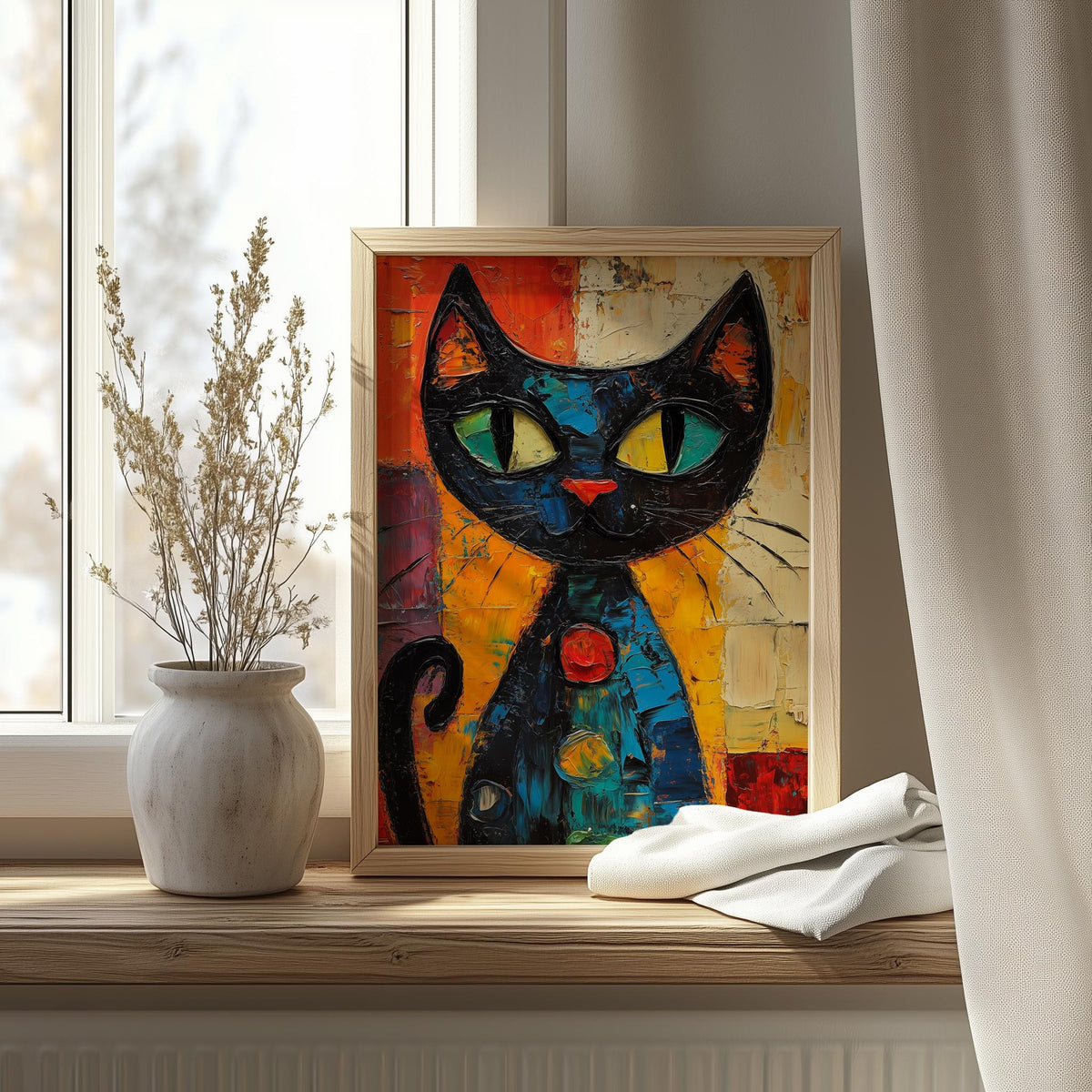 Green Eyed Cat animal art print shown in a room setting