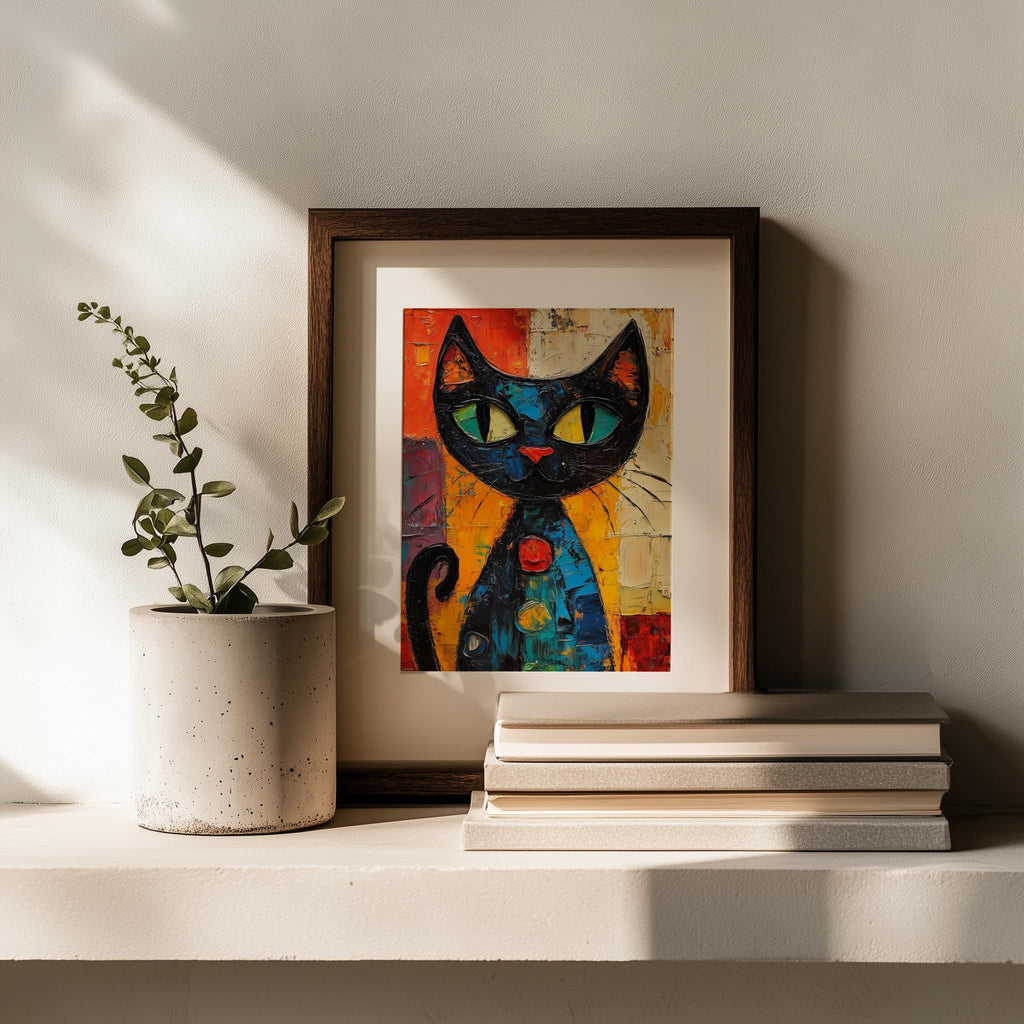 Green Eyed Cat animal art print shown in a room setting