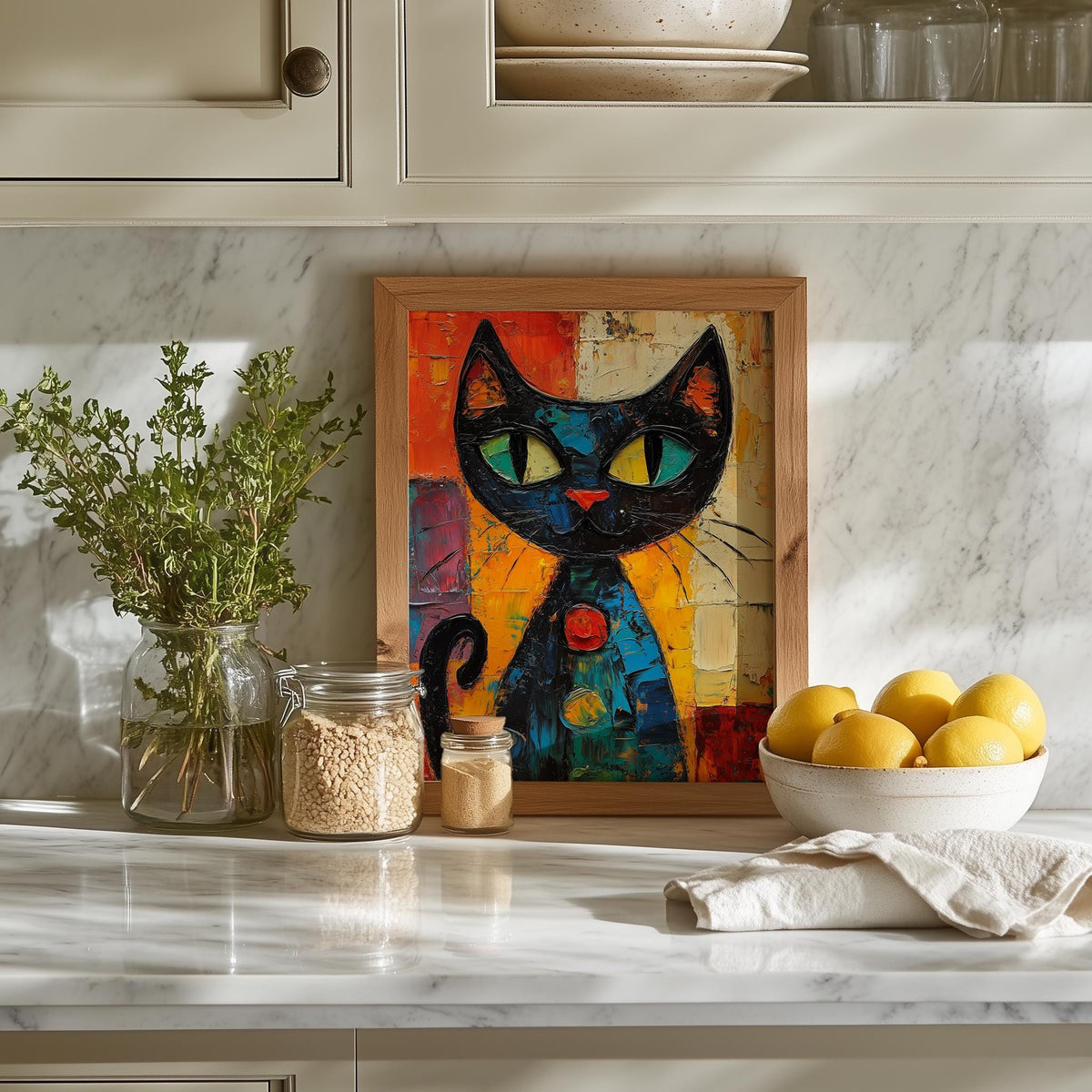 Green Eyed Cat animal art print shown in a room setting