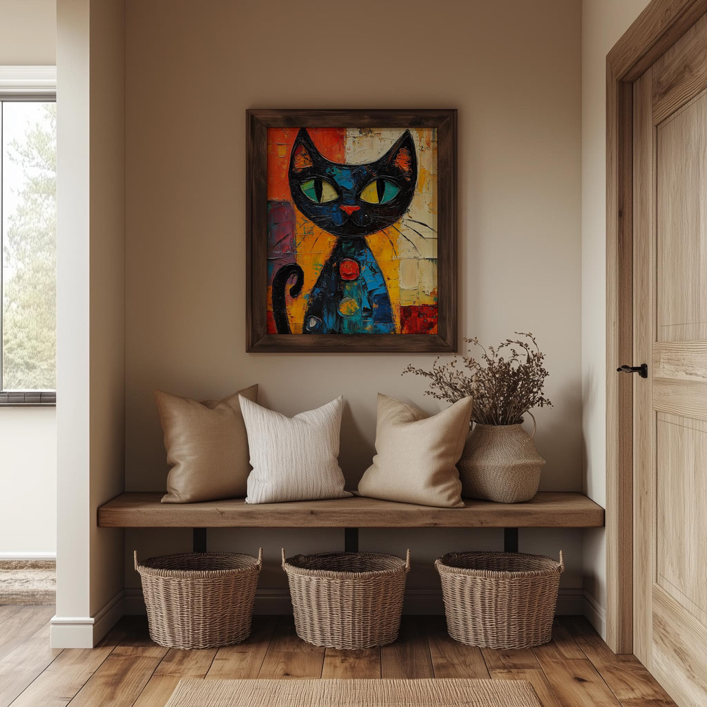 Green Eyed Cat animal art print shown in a room setting