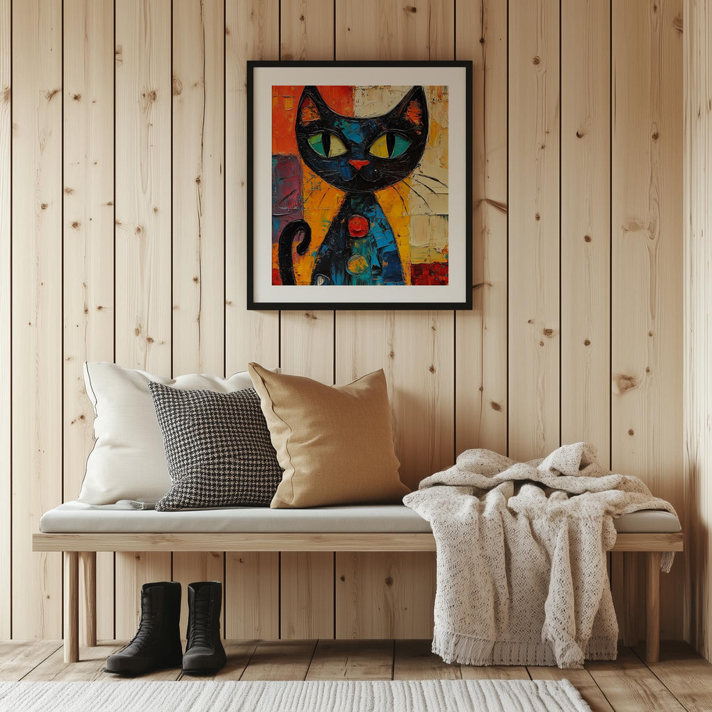 Green Eyed Cat animal art print shown in a room setting