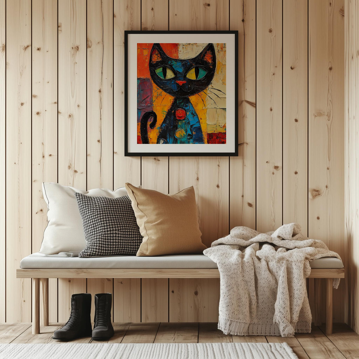 Green Eyed Cat animal art print shown in a room setting