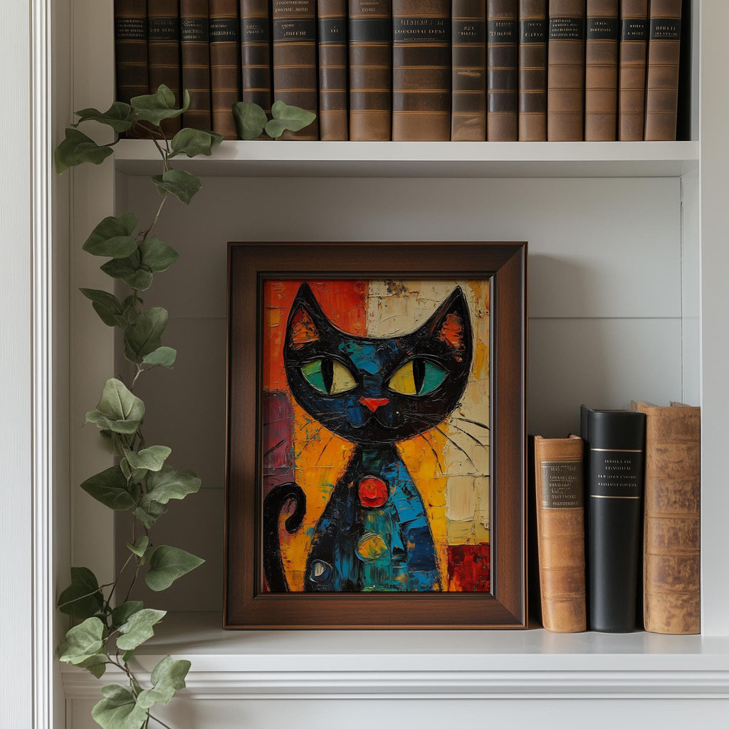 Green Eyed Cat animal art print shown in a room setting