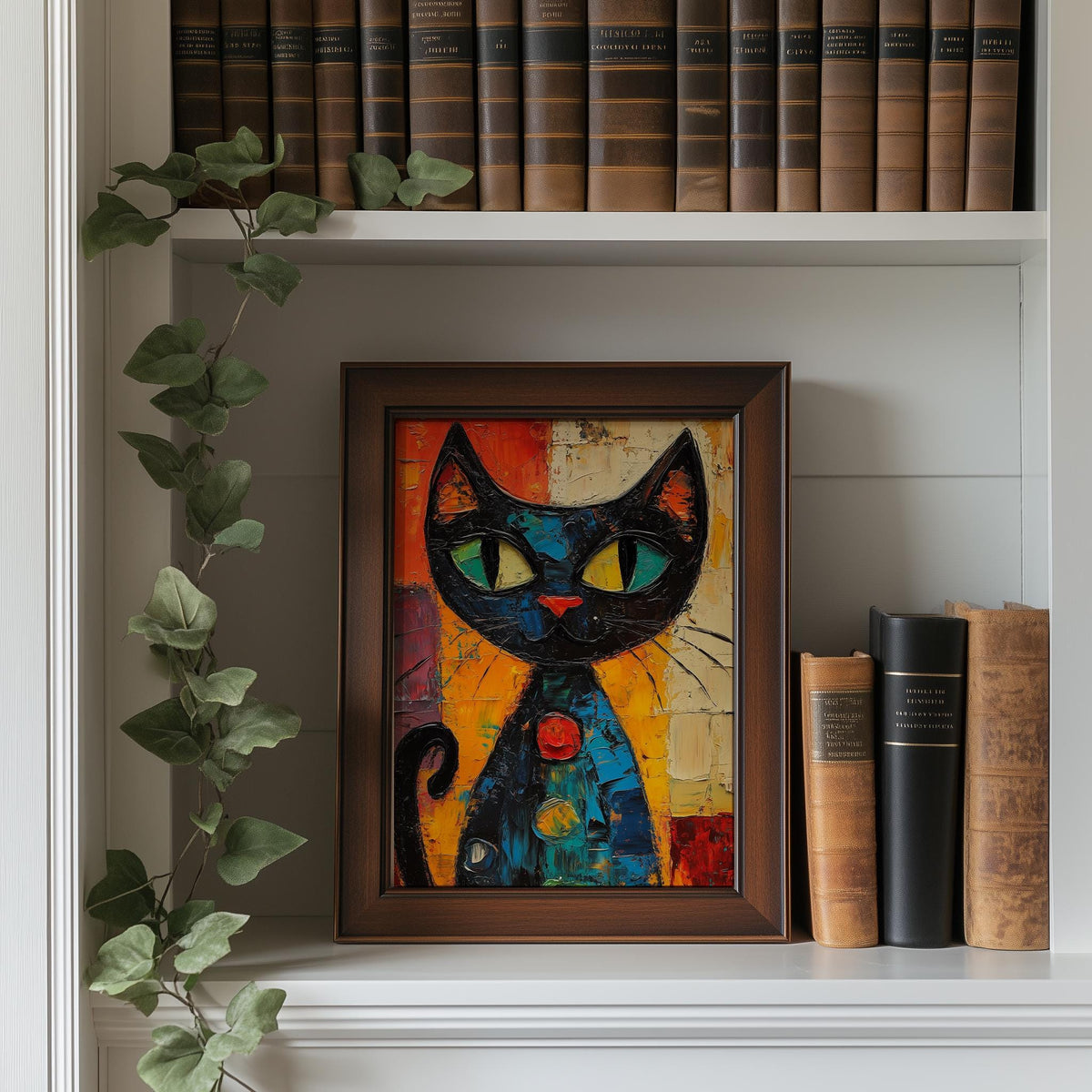 Green Eyed Cat animal art print shown in a room setting