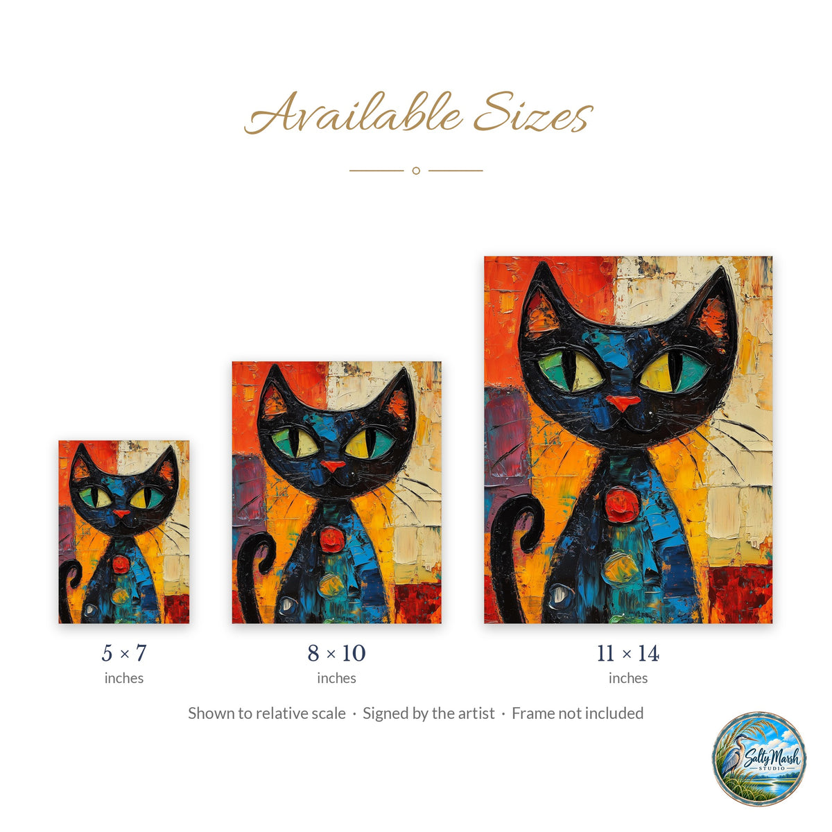 Green Eyed Cat art print size guide: 5x7, 8x10 and 11x14