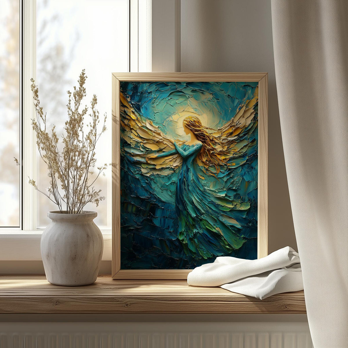 Golden Angel Christmas art print shown in a room setting