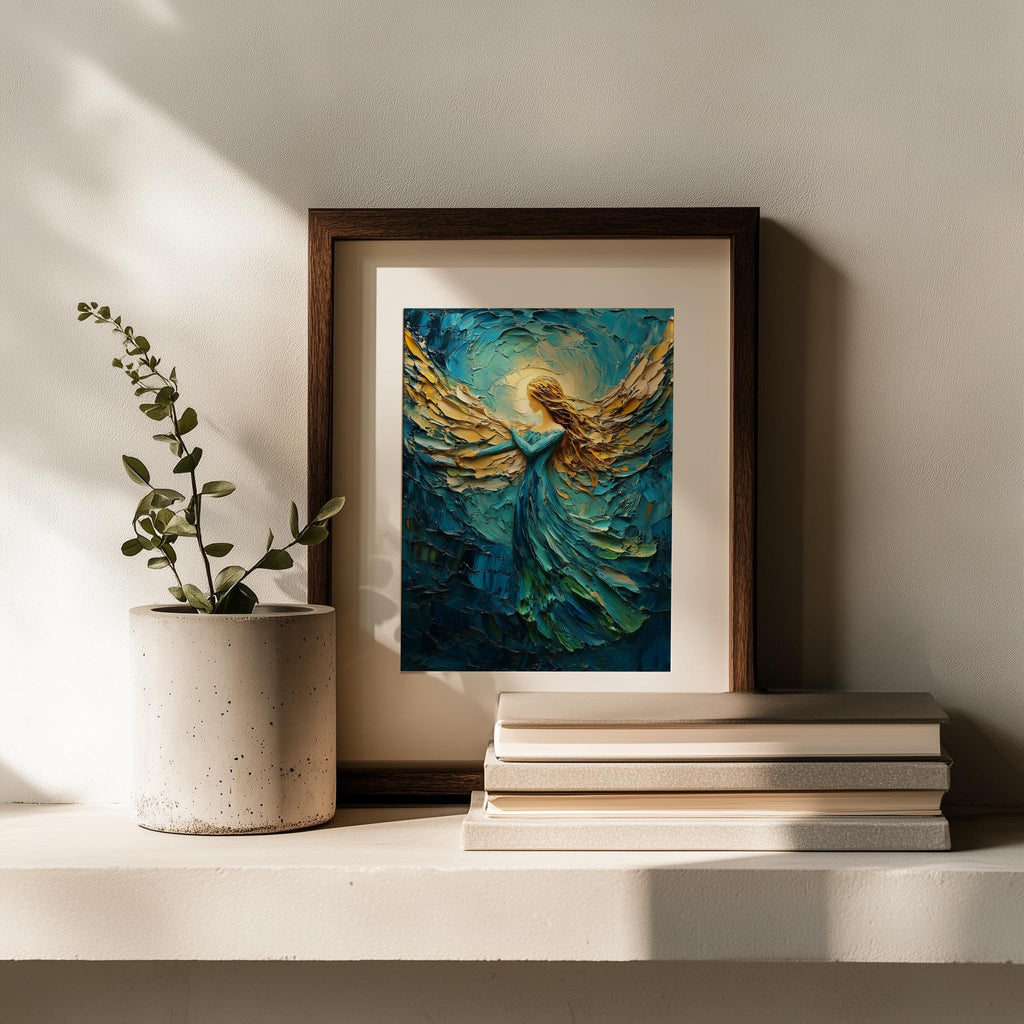 Golden Angel Christmas art print shown in a room setting