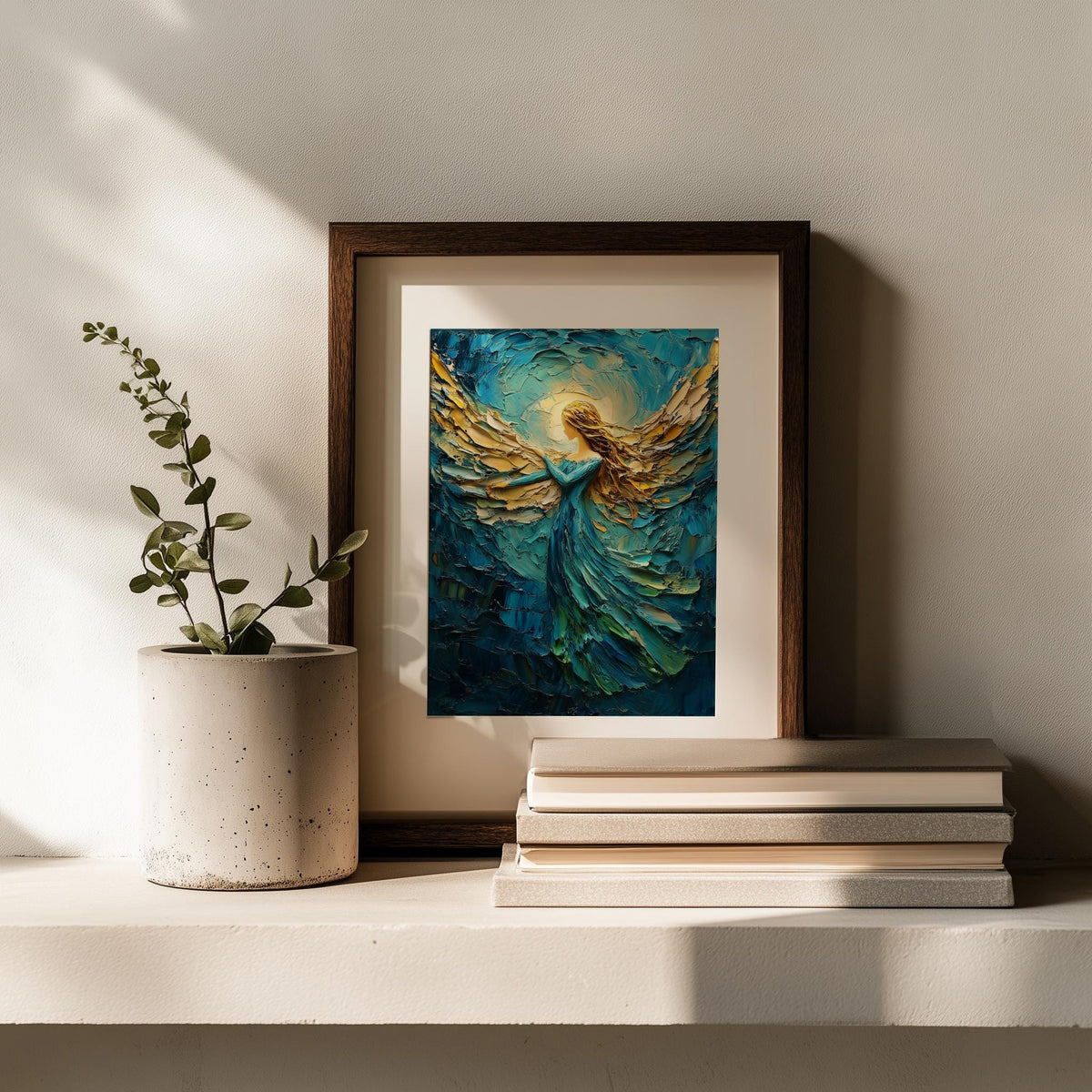 Golden Angel Christmas art print shown in a room setting