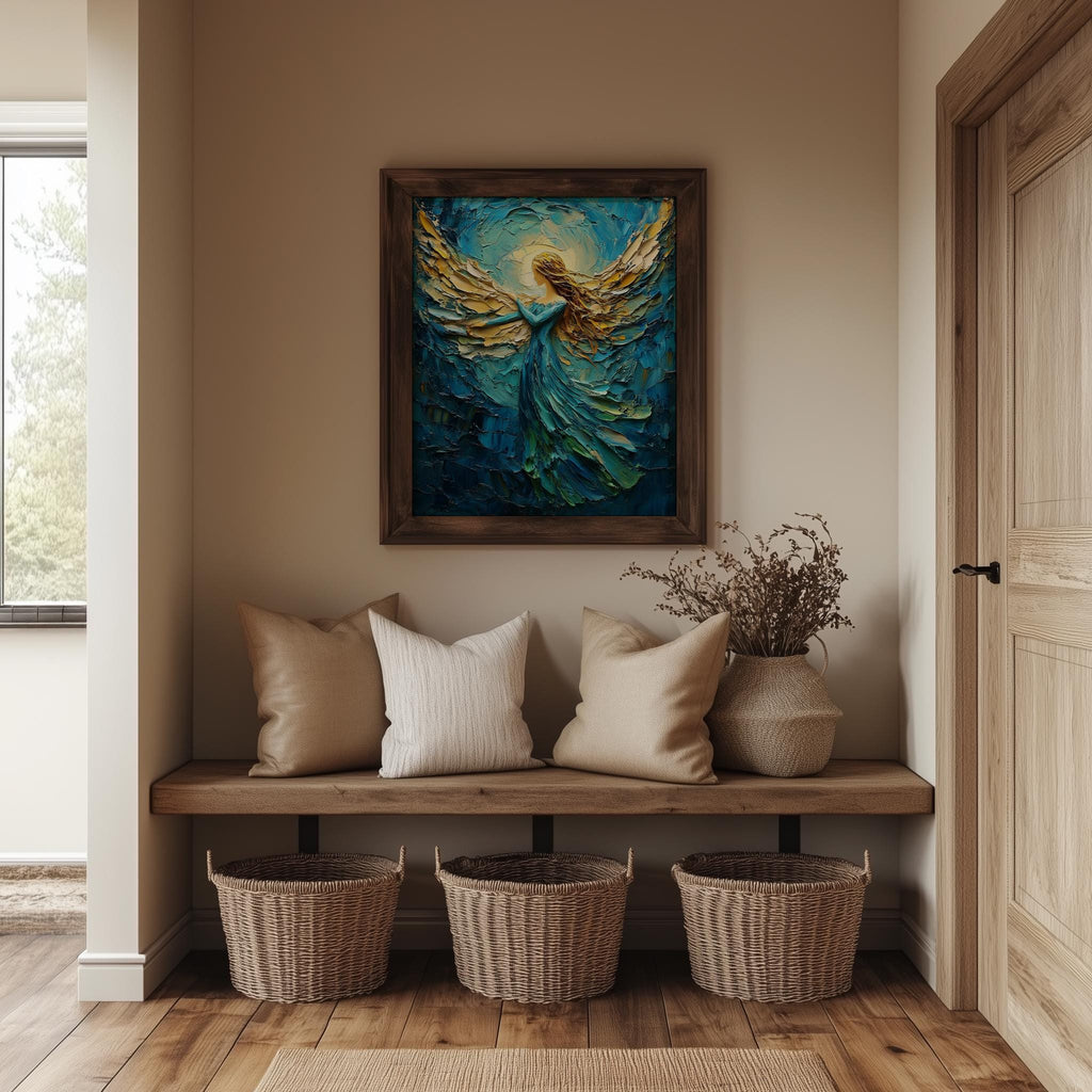 Golden Angel Christmas art print shown in a room setting