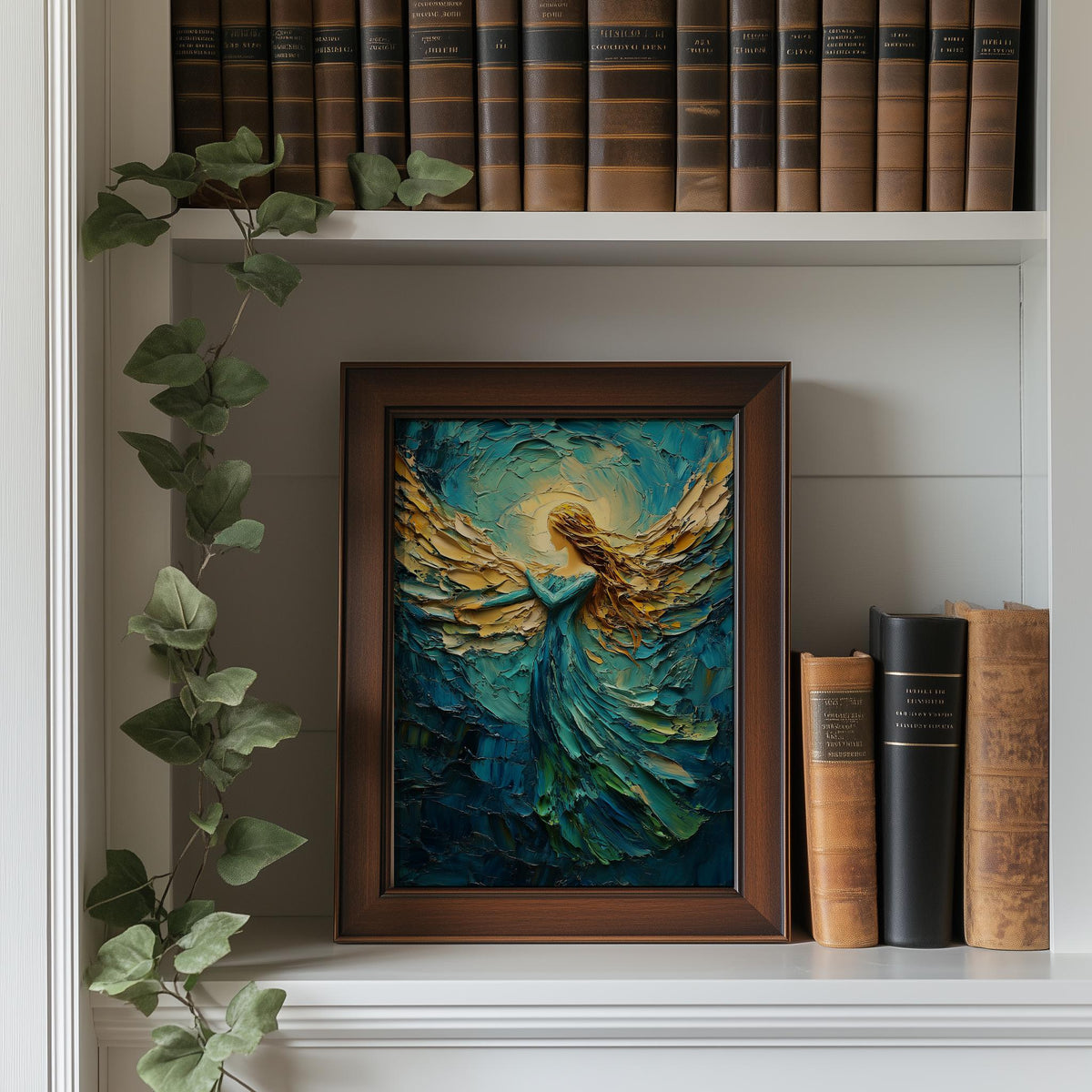 Golden Angel Christmas art print shown in a room setting